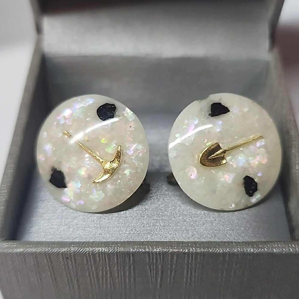 Pickaxe and Shovel Unique Oddities Vintage Earrings Screwback Simulated Opal